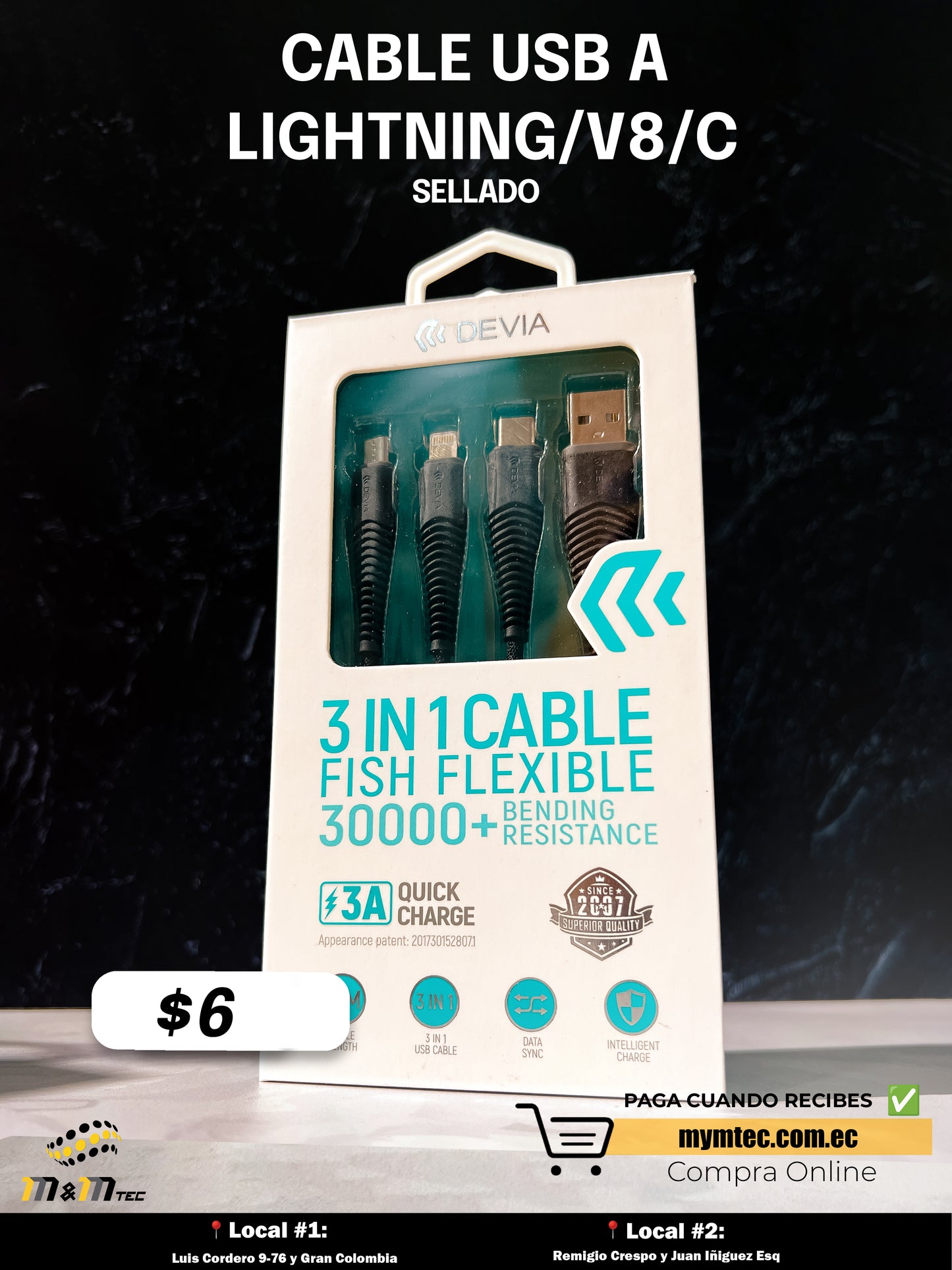 Cable USB a Lightning/V8/C-Serie 3 en 1