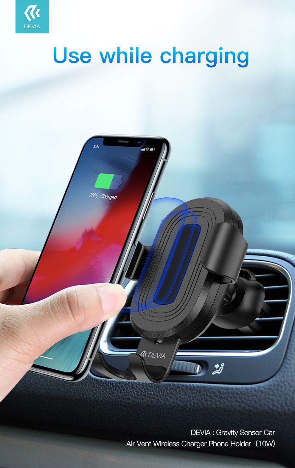 Gravity Sensor Car Air Vent Wireless Charger Phone Holder 10W